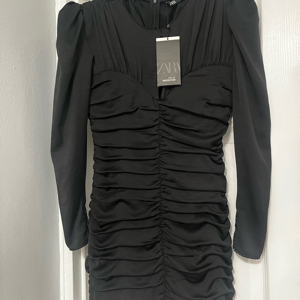 Zara Black Ruched Long Sleeve Bodycon Dress